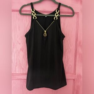 Black tank to with zipper closure at bust and accent rings to straps!